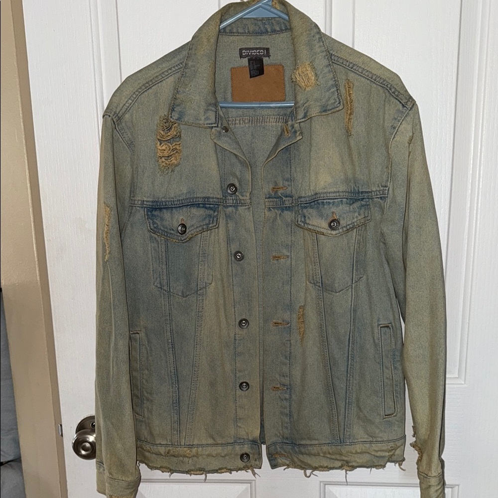 Distressed Denim Jacket - Blue and Tan